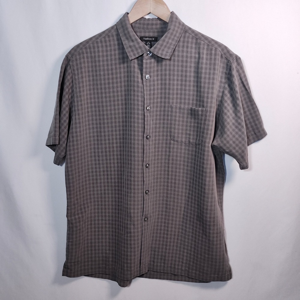 Van Heusen Button-Up Shirt Men's Large Gray Textured Short Sleeve